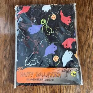 Halloween Friends Skull, Ghost and Pumpkin Square, Black Fabric Tablecloth. New.